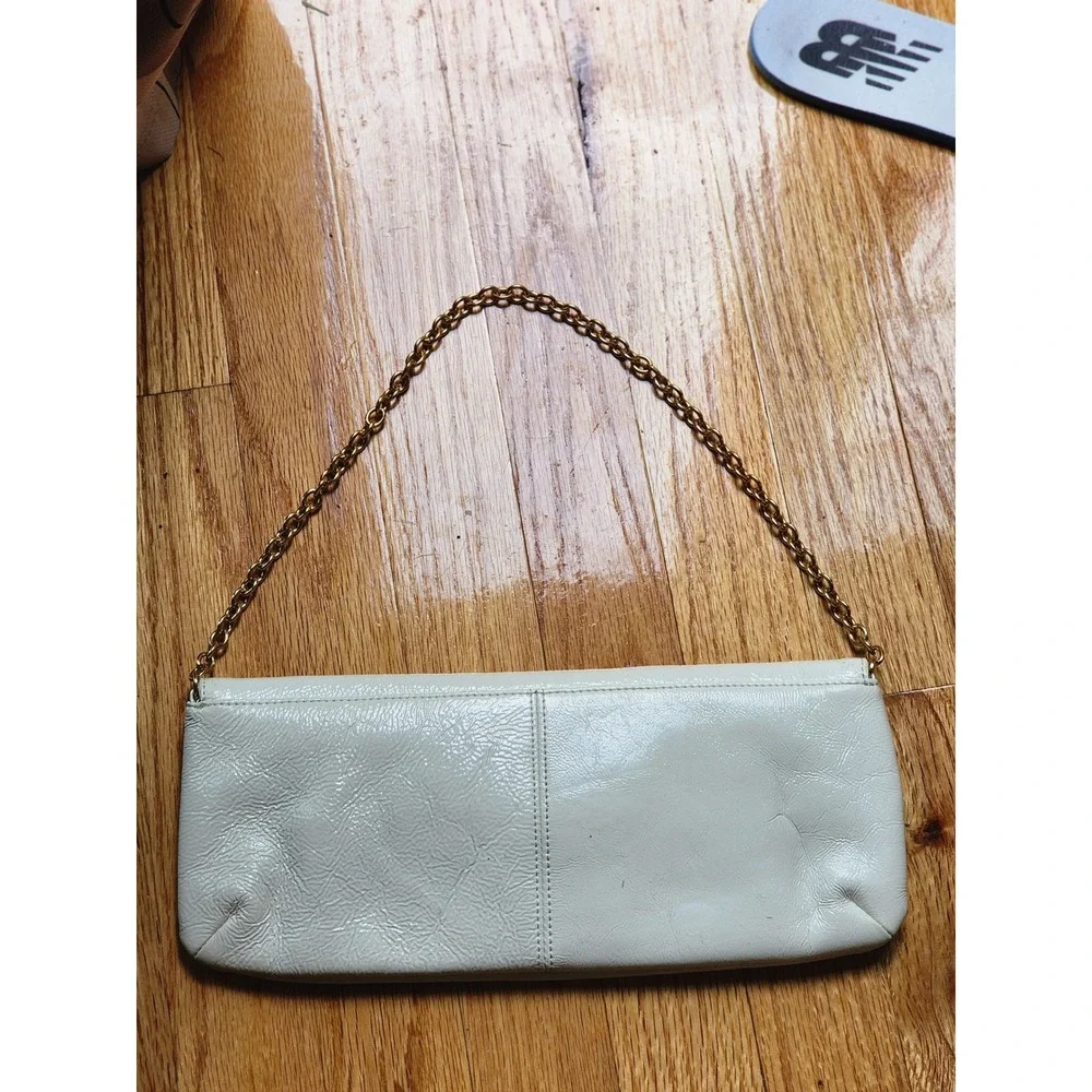 Hobo International Cream Patent Leather Clutch Bag Gold‎ Chain Polka Dot Lining